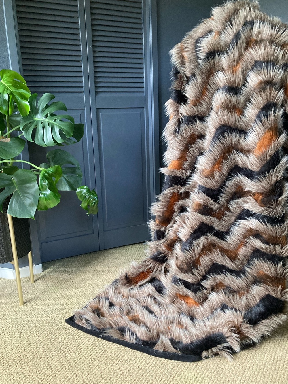 Williams Sonoma Faux Fur Chevron Throw in Brown, Black & Tan
